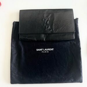 Saint Laurent Black Leather YSL Embossed Flap envelope/Clutch